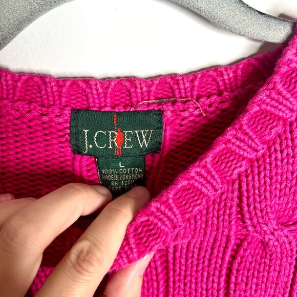 J. Crew Oarsman Hot Pink Cable Knit Crew Neck Chunky Sweater Cotton Preppy Sz L - Picture 2 of 3
